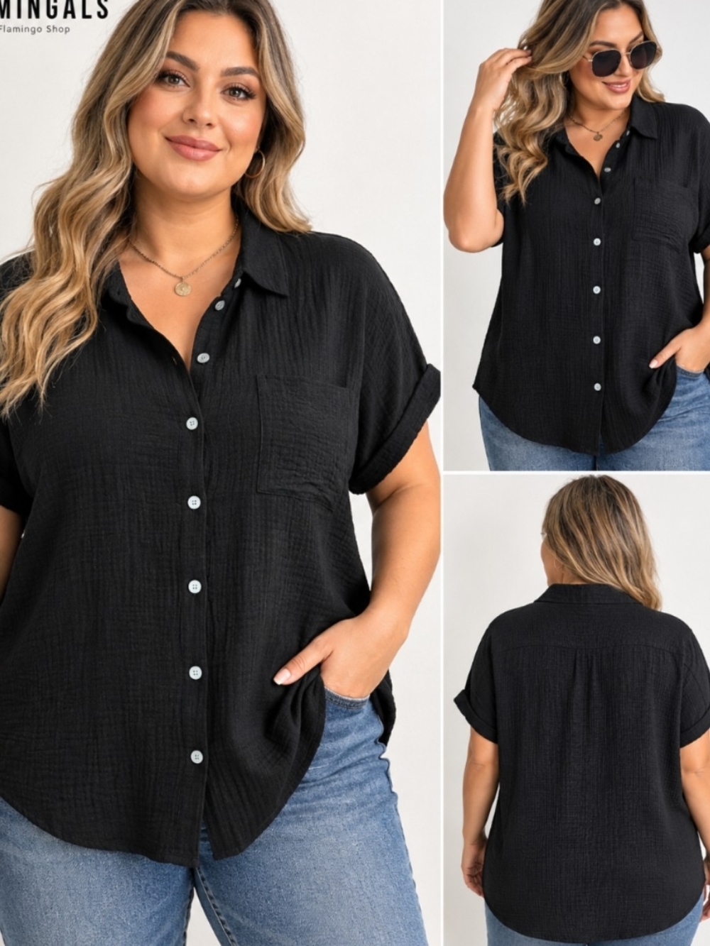 Plus Size Black Short-Sleeve Button-Down Shirt